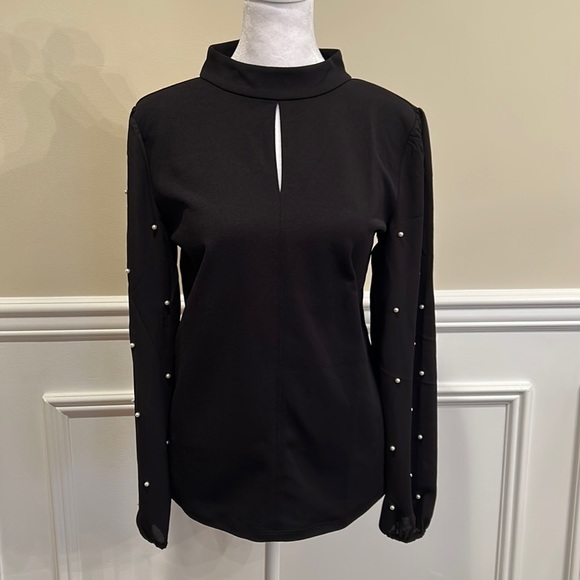Ann Taylor Tops - Ann Taylor Pearl Sleeve Mixed Media Keyhole Mock Neck Top, Brand New w/tags